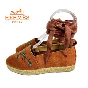 Hermes | Copper Orange Floral Canvas Lace-up Espadrilles Flats Size EU 37/US 6.5